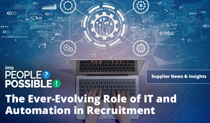 A person types on a laptop keyboard with digital icons and circuit patterns above, symbolizing automations crucial role in IT recruitment. The text reads, The Ever-Evolving Role of IT and Automation in Recruitment.
