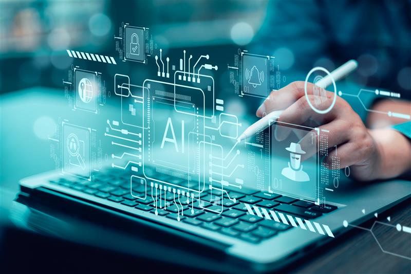 Boost Your Bottom Line: How Integrating Software With Your Service Can Catapult Staffing Firm Profitability 1 A person uses a stylus on a laptop keyboard with digital graphics of AI symbols, circuit patterns, and security icons superimposed, illustrating how integrating software can boost your bottom line through advanced artificial intelligence and cybersecurity technology.