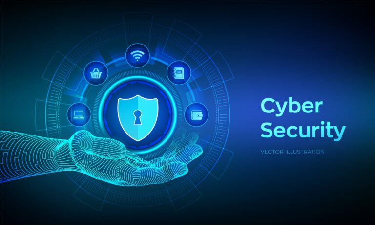 A futuristic graphic of a digital hand holding a shield with a keyhole at the center is surrounded by icons like shopping cart, Wi-Fi, and credit card. Text on the right reads Cybersecurity Checklist. The design features a blue and black color scheme.