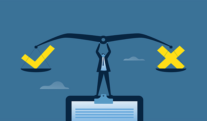 Illustration of a figure balancing on a clipboard while holding a scale, symbolizing HR Insights. The right side has a heavier yellow X, while the left features a lighter yellow check mark. A backdrop of blue sky and clouds completes the scene.