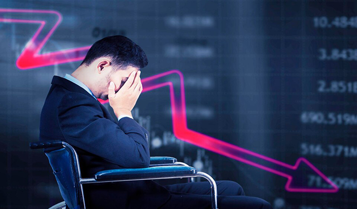 A man in a suit, possibly one of many sole business owners, sits in a chair holding his head in distress. Behind him, a red downward arrow and stock market data signal a financial decline. The atmosphere is tense and somber.