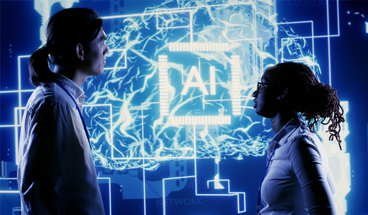 Two people stand facing a digital display featuring a neural network image with AI at the center, symbolizing advanced Artificial Intelligence. The background, a web of glowing, interconnected lines, creates a futuristic atmosphere hinting at tactical applications in technology.